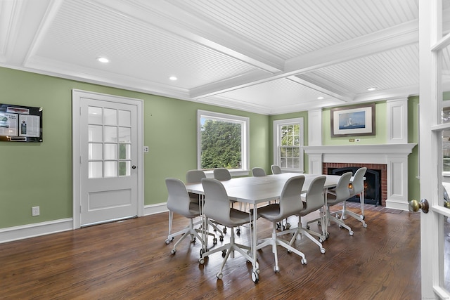 440 Hilltop Rd, Bridgeport, CT 06605 - dining area featuring dark wood finished floors, baseboards, recessed lighting, beamed ceiling, and a brick fireplace