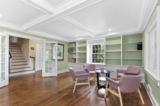 440 Hilltop Rd, Bridgeport, CT 06605 - living area featuring baseboards, french doors, wood finished floors, crown molding, and stairs