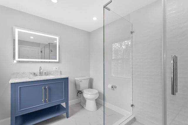 440 Hilltop Rd, Bridgeport, CT 06605 - bathroom with toilet, baseboards, a shower stall, vanity, and marble finish floors