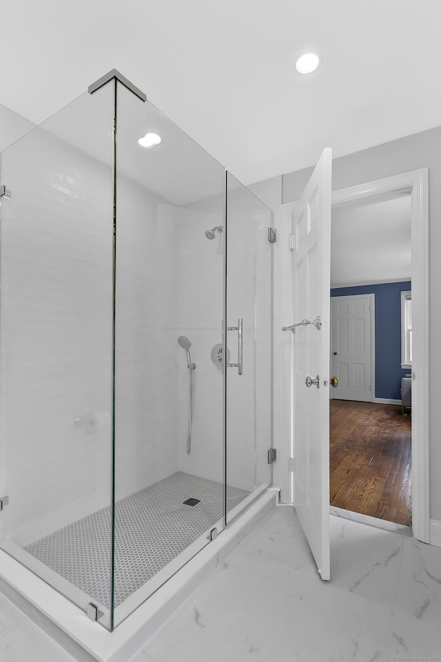 440 Hilltop Rd, Bridgeport, CT 06605 - bathroom featuring a shower stall, marble finish floors, recessed lighting, and baseboards