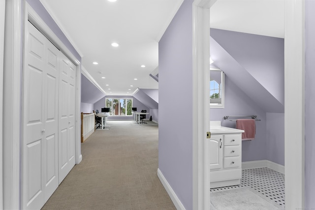 440 Hilltop Rd, Bridgeport, CT 06605 - hallway featuring vaulted ceiling, light colored carpet, baseboards, and recessed lighting