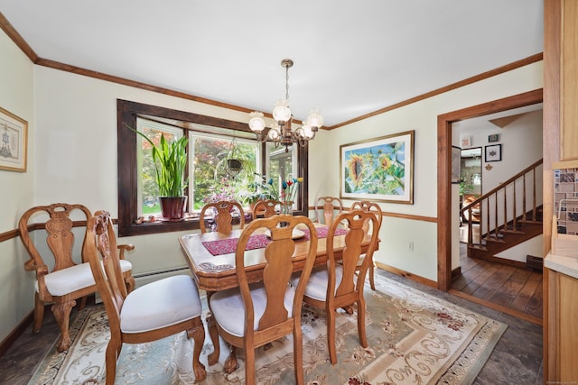 11 College Hill Rd, North Canaan, CT 06018 - dining space featuring a chandelier, stairs, ornamental molding, and wood finished floors