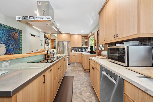 11 College Hill Rd, North Canaan, CT 06018 - kitchen featuring stainless steel appliances, light brown cabinets, backsplash, stone finish floors, and recessed lighting