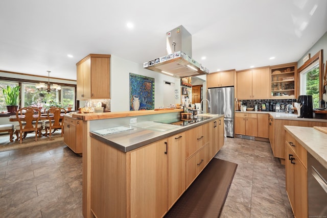 11 College Hill Rd, North Canaan, CT 06018 - kitchen featuring freestanding refrigerator, black electric cooktop, light brown cabinetry, decorative backsplash, and recessed lighting