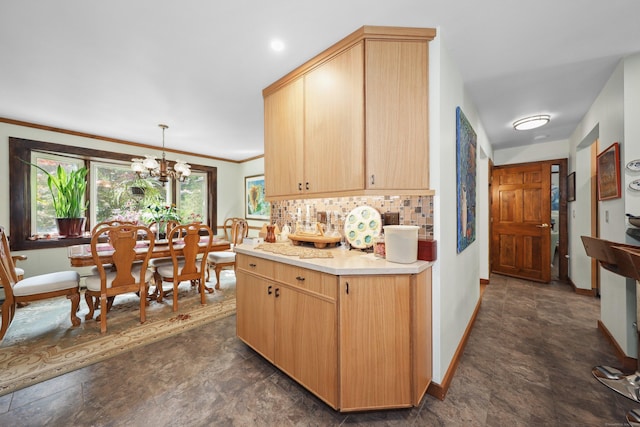 11 College Hill Rd, North Canaan, CT 06018 - kitchen with light countertops, decorative backsplash, a chandelier, light brown cabinetry, and decorative light fixtures