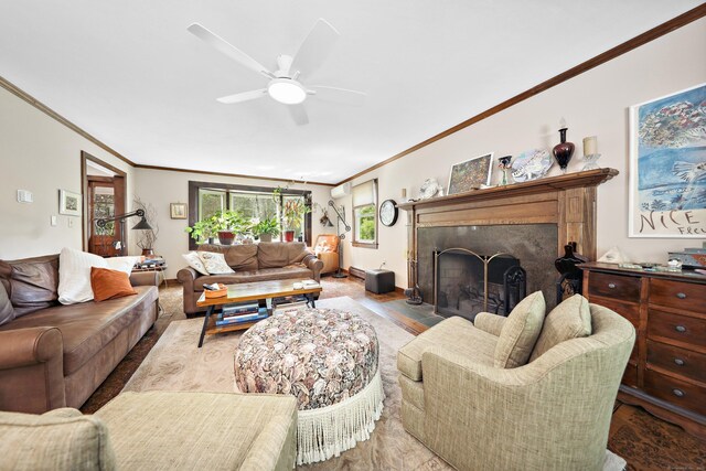11 College Hill Rd, North Canaan, CT 06018 - living room featuring crown molding, a ceiling fan, a fireplace with flush hearth, and wood finished floors