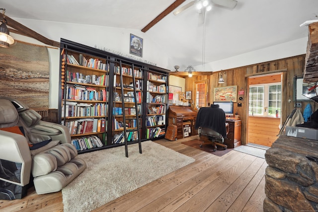 11 College Hill Rd, North Canaan, CT 06018 - office featuring hardwood / wood-style flooring, wood walls, and a ceiling fan