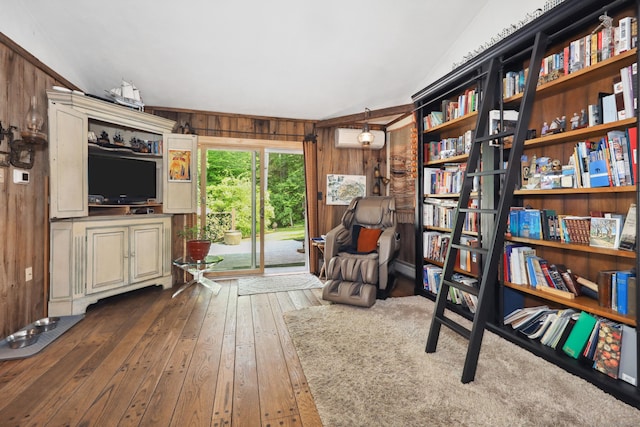 11 College Hill Rd, North Canaan, CT 06018 - sitting room featuring hardwood / wood-style flooring, wooden walls, and vaulted ceiling