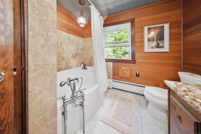 11 College Hill Rd, North Canaan, CT 06018 - bathroom with a baseboard heating unit, wood walls, vanity, and shower / bath combination with curtain