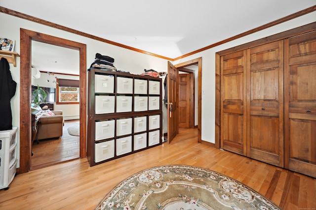 11 College Hill Rd, North Canaan, CT 06018 - bedroom with light wood-style floors, a baseboard heating unit, and ornamental molding