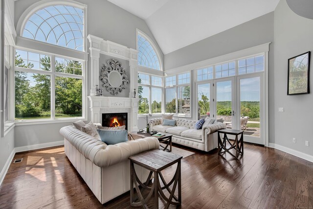 562 Upper Grassy Hill Rd, Woodbury, CT 06798 - living room with a glass covered fireplace, dark wood-style flooring, high vaulted ceiling, and baseboards