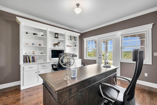 562 Upper Grassy Hill Rd, Woodbury, CT 06798 - office area featuring dark wood-style flooring, baseboards, and ornamental molding