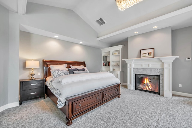 562 Upper Grassy Hill Rd, Woodbury, CT 06798 - bedroom featuring light carpet, recessed lighting, a high end fireplace, baseboards, and high vaulted ceiling