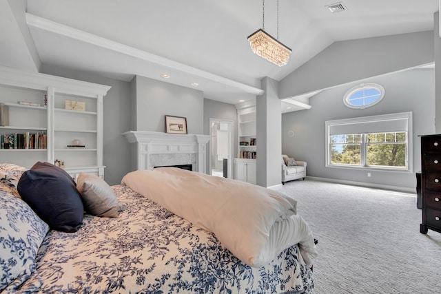 562 Upper Grassy Hill Rd, Woodbury, CT 06798 - bedroom featuring carpet, vaulted ceiling, a fireplace, and baseboards
