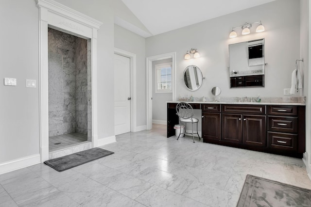 562 Upper Grassy Hill Rd, Woodbury, CT 06798 - full bathroom with marble finish floors, walk in shower, vaulted ceiling, baseboards, and vanity