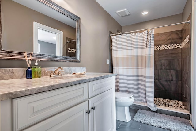 562 Upper Grassy Hill Rd, Woodbury, CT 06798 - bathroom with toilet, vanity, a tile shower, tile patterned floors, and recessed lighting