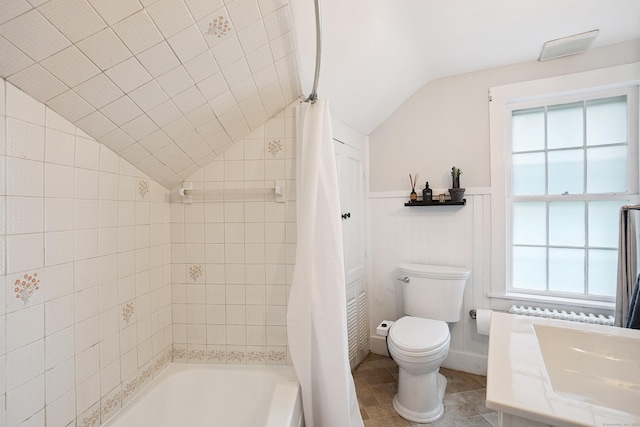 291 Hopmeadow St, Simsbury, CT 06089 - full bath featuring lofted ceiling, shower / bath combo, and a wainscoted wall