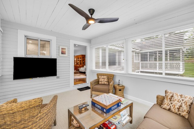 26 Legend Hill Rd Unit 26, Madison, CT 06443 - living room featuring plenty of natural light, ceiling fan, baseboards, and wooden ceiling