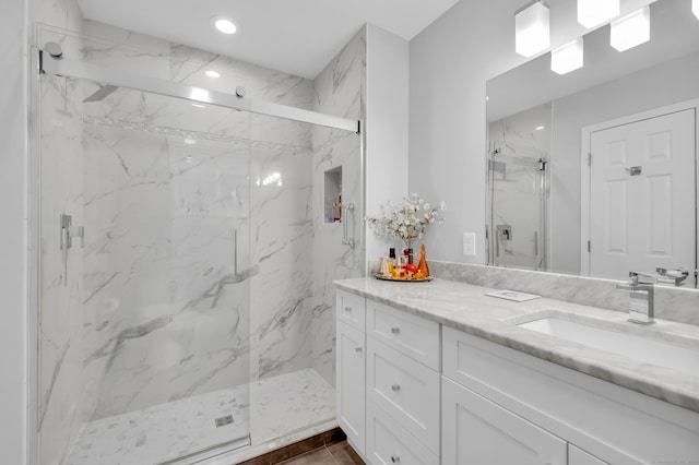 26 Legend Hill Rd Unit 26, Madison, CT 06443 - full bath featuring a marble finish shower, vanity, and recessed lighting