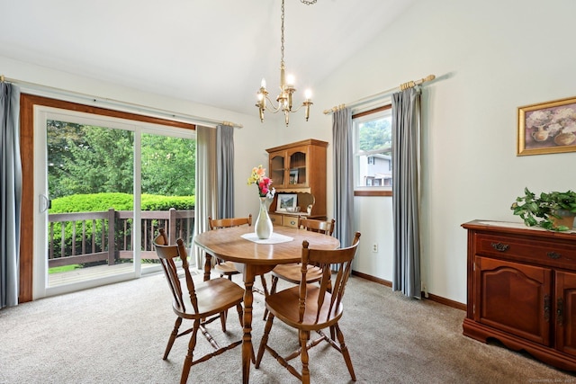1277 New Britain Ave Unit 1277, West Hartford, CT 06110 - dining room with light carpet, a chandelier, vaulted ceiling, and baseboards