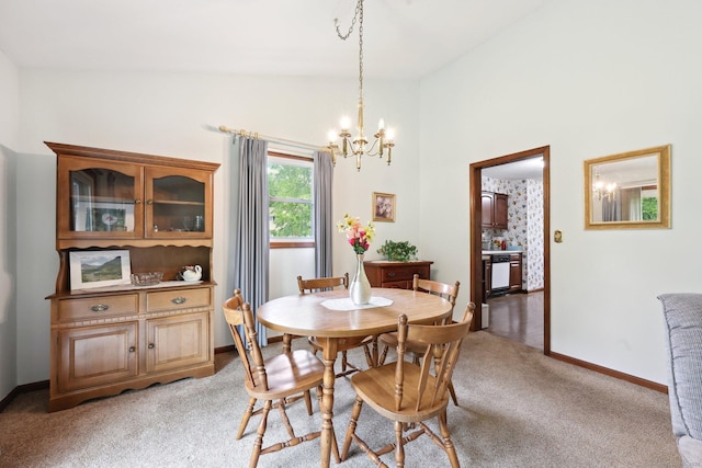 1277 New Britain Ave Unit 1277, West Hartford, CT 06110 - dining area with a chandelier, light carpet, baseboards, and high vaulted ceiling