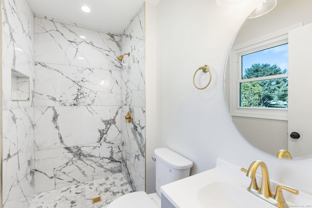 447 Palisado Ave, Windsor, CT 06095 - full bath with a marble finish shower, toilet, vanity, and recessed lighting