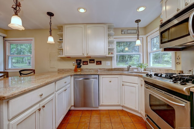 8 Whippoorwill Ln, Bethany, CT 06524 - kitchen featuring open shelves, stainless steel appliances, a peninsula, light tile patterned floors, and recessed lighting