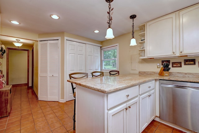 8 Whippoorwill Ln, Bethany, CT 06524 - kitchen with dishwasher, white cabinetry, light tile patterned floors, open shelves, and recessed lighting