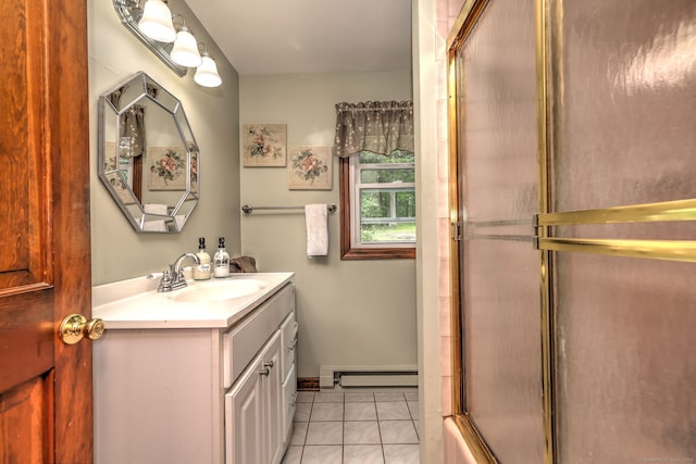 8 Whippoorwill Ln, Bethany, CT 06524 - full bath with baseboard heating, vanity, tile patterned flooring, baseboards, and bath / shower combo with glass door