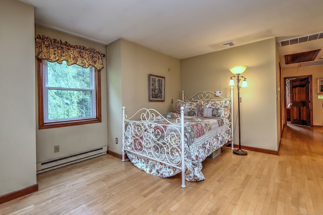 8 Whippoorwill Ln, Bethany, CT 06524 - bedroom featuring a baseboard radiator, hardwood / wood-style floors, attic access, and baseboards