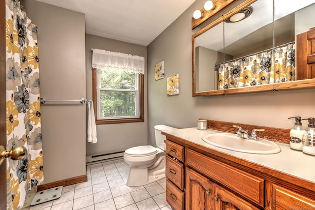 8 Whippoorwill Ln, Bethany, CT 06524 - full bath with a baseboard heating unit, toilet, vanity, a shower with curtain, and tile patterned flooring
