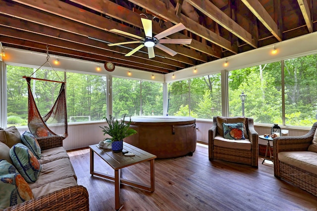 8 Whippoorwill Ln, Bethany, CT 06524 - sunroom featuring a jacuzzi, a ceiling fan, a wooden deck, and healthy amount of natural light