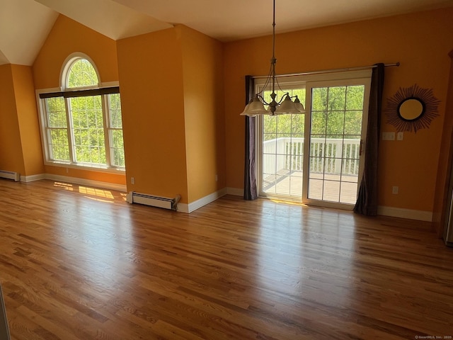 41 Mesa Dr, Bethany, CT 06524 - unfurnished room with a baseboard radiator, wood finished floors, a chandelier, baseboards, and vaulted ceiling