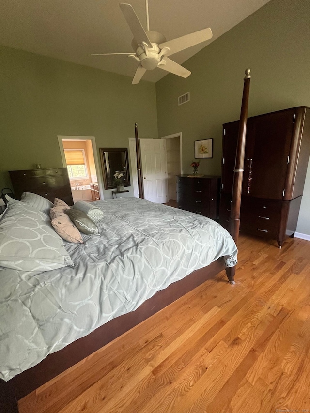 41 Mesa Dr, Bethany, CT 06524 - bedroom featuring high vaulted ceiling, wood finished floors, and ceiling fan