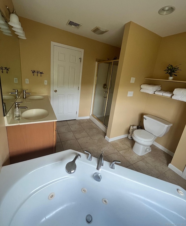 41 Mesa Dr, Bethany, CT 06524 - bathroom featuring double vanity, a tub with jets, toilet, a stall shower, and tile patterned flooring