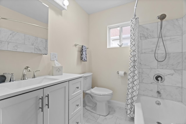 128 Grove Pl, West Haven, CT 06516 - full bathroom featuring marble look tiles, toilet, vanity, shower / bath combination with curtain, and baseboards