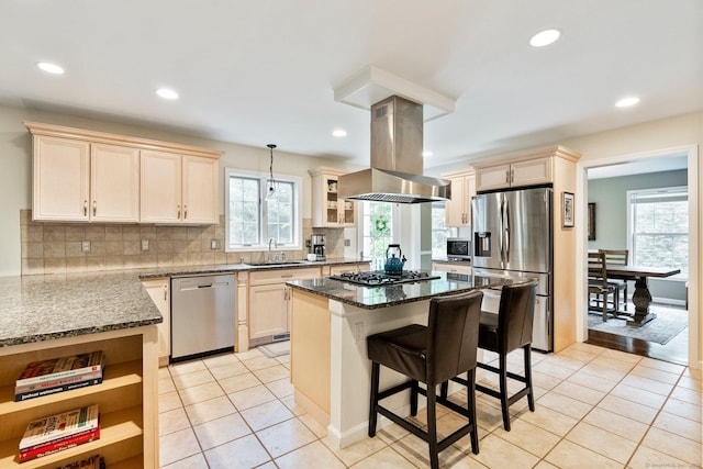 220 Bushy Hill Rd, Deep River, CT 06417 - kitchen with stainless steel appliances, island range hood, a sink, backsplash, and light tile patterned floors