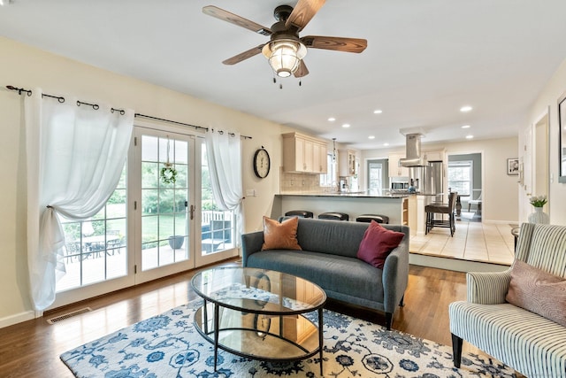 220 Bushy Hill Rd, Deep River, CT 06417 - living room with recessed lighting, light wood-style floors, ceiling fan, and baseboards