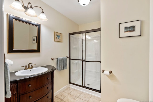 220 Bushy Hill Rd, Deep River, CT 06417 - bathroom featuring vanity, a shower stall, toilet, tile patterned floors, and baseboards