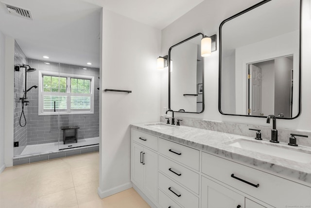 220 Bushy Hill Rd, Deep River, CT 06417 - bathroom with a stall shower, double vanity, baseboards, tile patterned floors, and recessed lighting