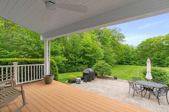220 Bushy Hill Rd, Deep River, CT 06417 - wooden deck featuring a patio, a yard, a grill, ceiling fan, and outdoor dining area