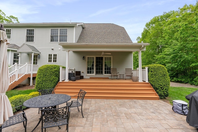 220 Bushy Hill Rd, Deep River, CT 06417 - rear view of property featuring a patio, a ceiling fan, a wooden deck, a shingled roof, and outdoor dining area