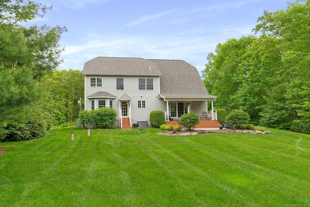 220 Bushy Hill Rd, Deep River, CT 06417 - rear view of property with a lawn, a wooden deck, roof with shingles, and central AC unit