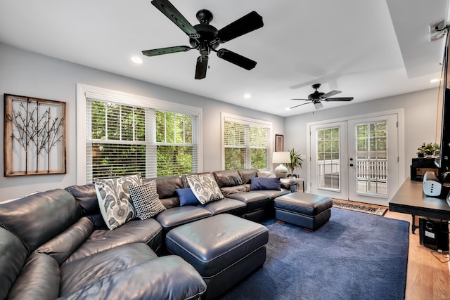 1 Stevens Rd, Middlebury, CT 06762 - living room featuring ceiling fan, wood finished floors, french doors, recessed lighting, and plenty of natural light