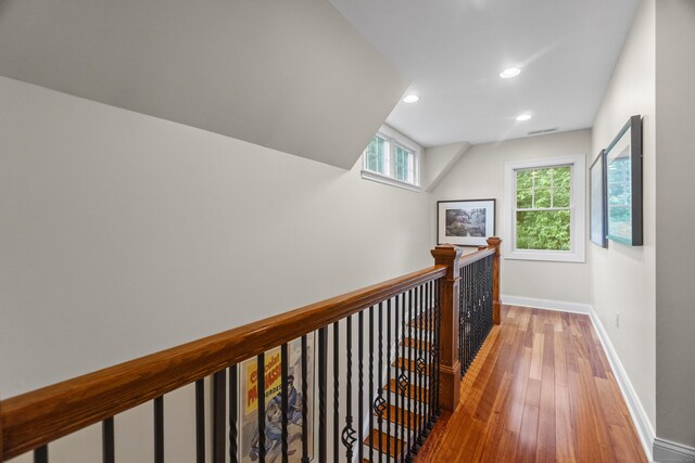 238 Park Rd, Oxford, CT 06478 - hall with hardwood / wood-style flooring, baseboards, recessed lighting, and an upstairs landing