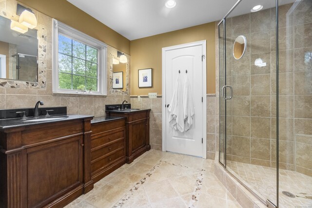 238 Park Rd, Oxford, CT 06478 - full bath featuring tile walls, vanity, a shower stall, tile patterned floors, and recessed lighting
