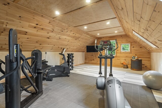238 Park Rd, Oxford, CT 06478 - exercise area with wooden walls, wood ceiling, lofted ceiling, and recessed lighting
