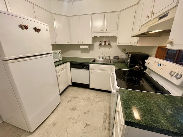 200 Woodmont Ave Apt 127, Bridgeport, CT 06606 - kitchen featuring white appliances, light marble finish flooring, a sink, under cabinet range hood, and dark countertops