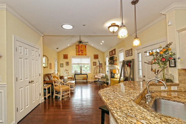 95 S Ridge Ln Unit A203, Berlin, CT 06037 - kitchen with a sink, dark wood-style flooring, ceiling fan, decorative light fixtures, and stone counters