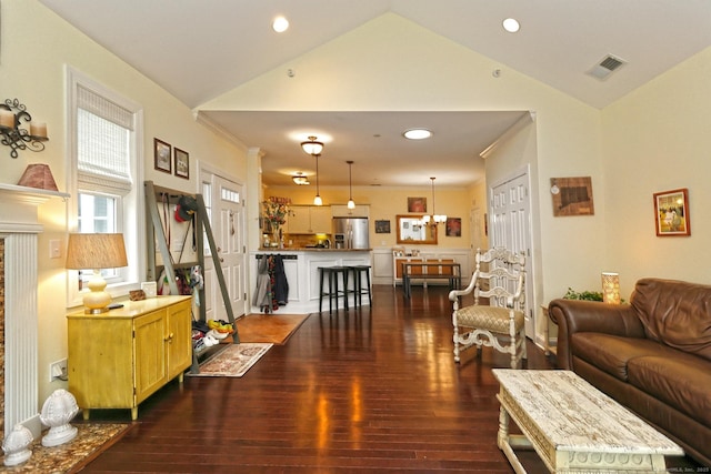 95 S Ridge Ln Unit A203, Berlin, CT 06037 - living area with vaulted ceiling, dark wood finished floors, recessed lighting, and a fireplace